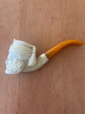 Vintage Turkey Made Meerschaum Carved Pipe Sultan Man Head Figural 5 3/4" Long